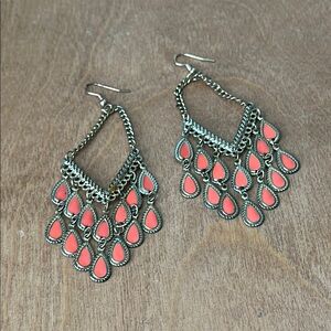 Vibrant Orange and Pink Chandelier Earrings with Teardrop Beads